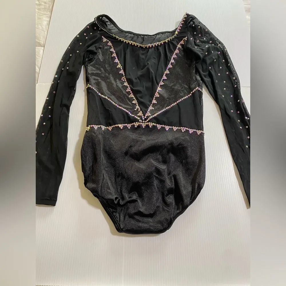 Custom solo costume black long sleeve scalloped rhinestone dance leotard SA adul